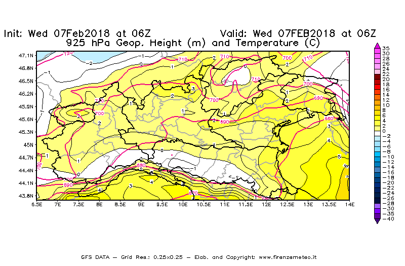 Mappa di analisi GFS - Geopotenziale [m] e Temperatura [°C] a 925 hPa in Nord-Italia
							del 07/02/2018 06 <!--googleoff: index-->UTC<!--googleon: index-->