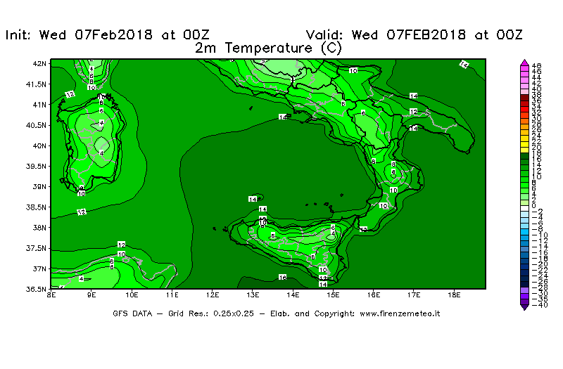 Mappa di analisi GFS - Temperatura a 2 metri dal suolo [°C] in Sud-Italia
							del 07/02/2018 00 <!--googleoff: index-->UTC<!--googleon: index-->