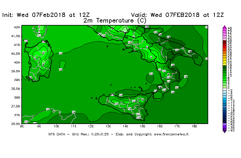 Mappa di analisi GFS - Temperatura a 2 metri dal suolo [°C] in Sud-Italia
							del 07/02/2018 12 <!--googleoff: index-->UTC<!--googleon: index-->