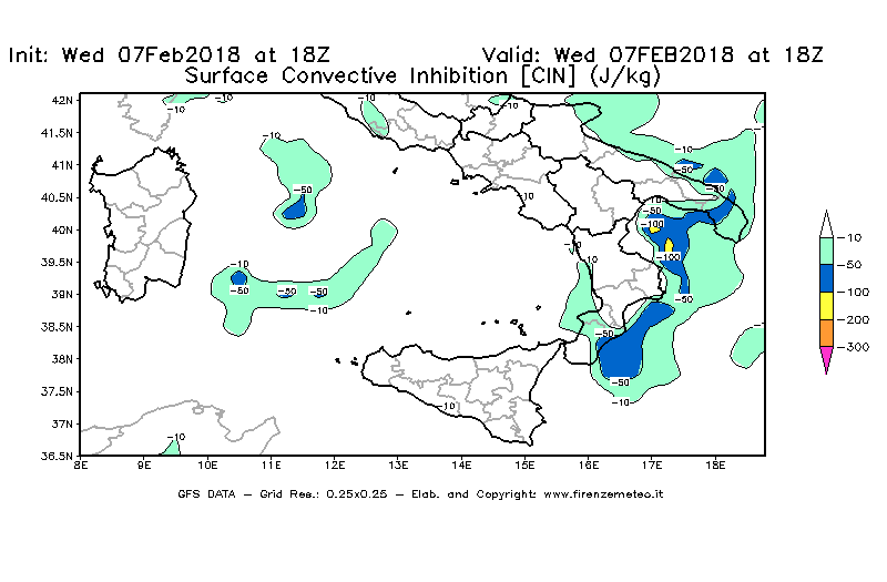 Mappa di analisi GFS - CIN [J/kg] in Sud-Italia
							del 07/02/2018 18 <!--googleoff: index-->UTC<!--googleon: index-->