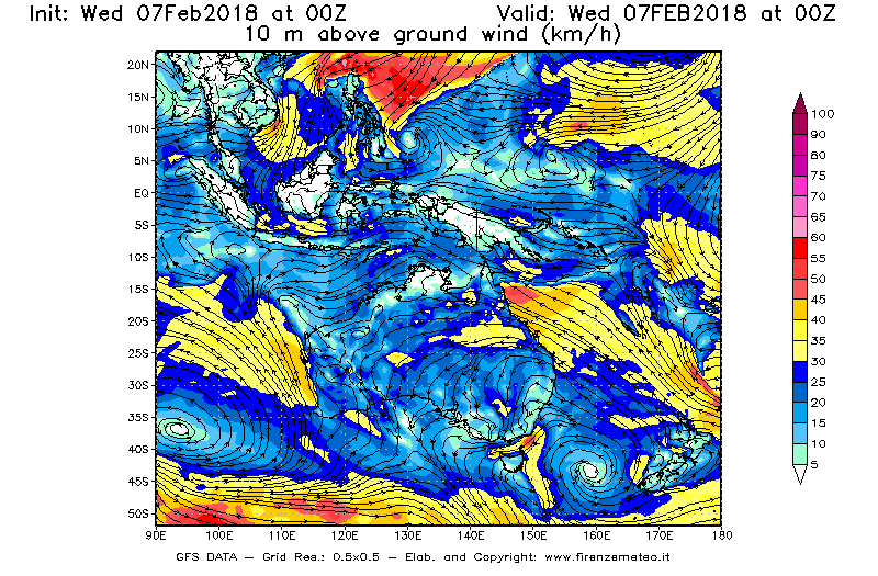 Mappa di analisi GFS - Velocità del vento a 10 metri dal suolo [km/h] in Oceania
							del 07/02/2018 00 <!--googleoff: index-->UTC<!--googleon: index-->