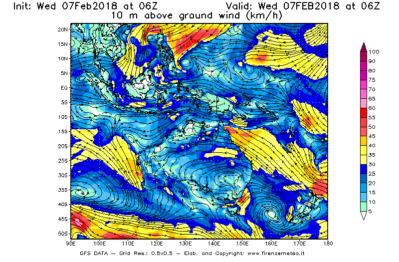 Mappa di analisi GFS - Velocità del vento a 10 metri dal suolo [km/h] in Oceania
							del 07/02/2018 06 <!--googleoff: index-->UTC<!--googleon: index-->