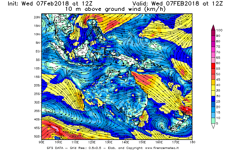 Mappa di analisi GFS - Velocità del vento a 10 metri dal suolo [km/h] in Oceania
							del 07/02/2018 12 <!--googleoff: index-->UTC<!--googleon: index-->