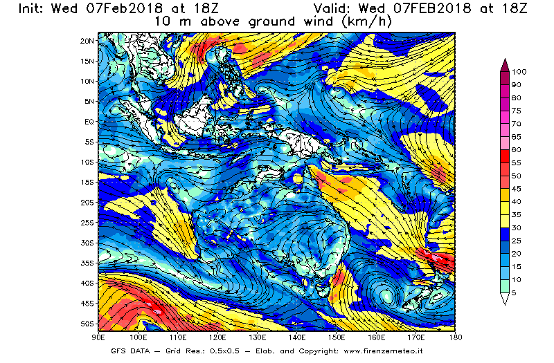 Mappa di analisi GFS - Velocità del vento a 10 metri dal suolo [km/h] in Oceania
							del 07/02/2018 18 <!--googleoff: index-->UTC<!--googleon: index-->