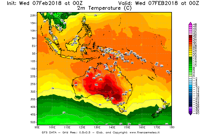 Mappa di analisi GFS - Temperatura a 2 metri dal suolo [°C] in Oceania
							del 07/02/2018 00 <!--googleoff: index-->UTC<!--googleon: index-->