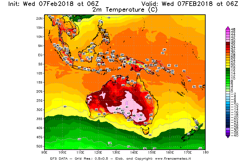 Mappa di analisi GFS - Temperatura a 2 metri dal suolo [°C] in Oceania
							del 07/02/2018 06 <!--googleoff: index-->UTC<!--googleon: index-->