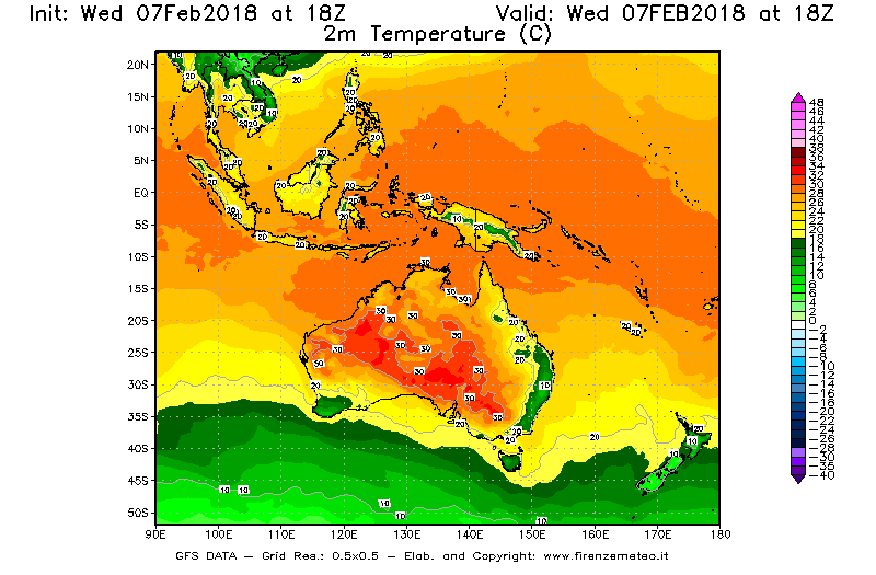 Mappa di analisi GFS - Temperatura a 2 metri dal suolo [°C] in Oceania
							del 07/02/2018 18 <!--googleoff: index-->UTC<!--googleon: index-->