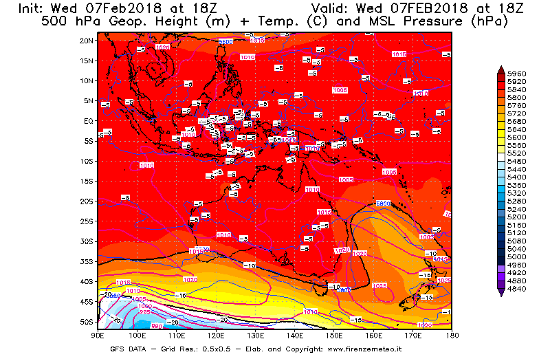 Mappa di analisi GFS - Geopotenziale [m] + Temp. [°C] a 500 hPa + Press. a livello del mare [hPa] in Oceania
							del 07/02/2018 18 <!--googleoff: index-->UTC<!--googleon: index-->
