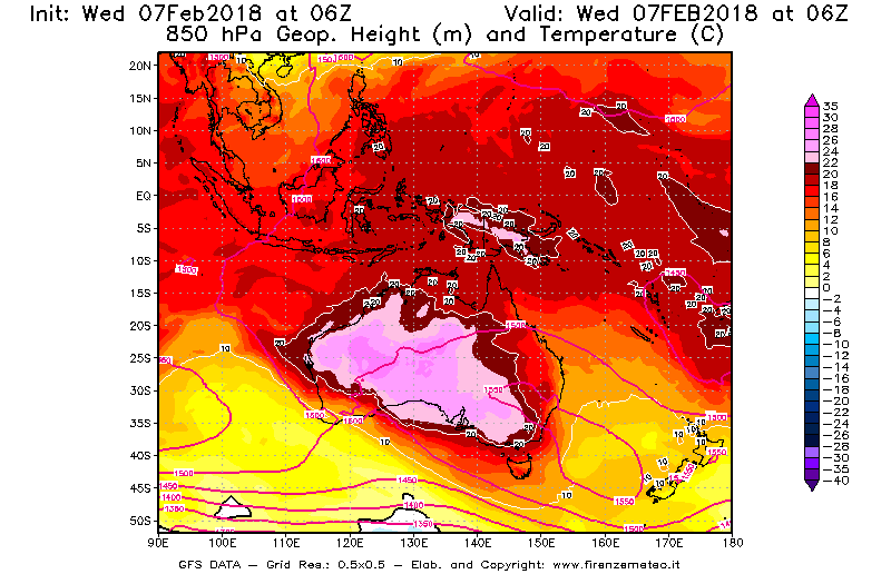Mappa di analisi GFS - Geopotenziale [m] e Temperatura [°C] a 850 hPa in Oceania
							del 07/02/2018 06 <!--googleoff: index-->UTC<!--googleon: index-->