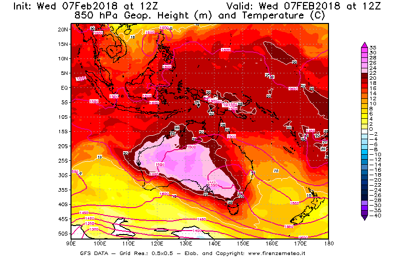 Mappa di analisi GFS - Geopotenziale [m] e Temperatura [°C] a 850 hPa in Oceania
							del 07/02/2018 12 <!--googleoff: index-->UTC<!--googleon: index-->