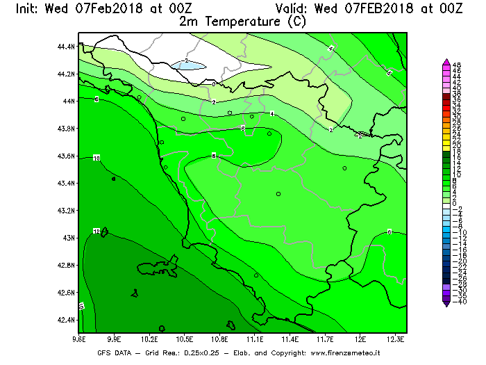 Mappa di analisi GFS - Temperatura a 2 metri dal suolo [°C] in Toscana
							del 07/02/2018 00 <!--googleoff: index-->UTC<!--googleon: index-->