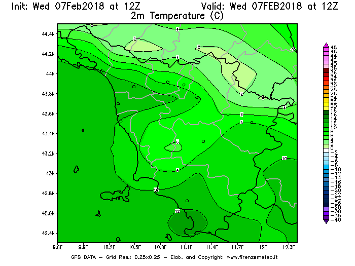 Mappa di analisi GFS - Temperatura a 2 metri dal suolo [°C] in Toscana
							del 07/02/2018 12 <!--googleoff: index-->UTC<!--googleon: index-->