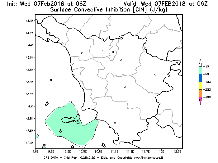 Mappa di analisi GFS - CIN [J/kg] in Toscana
							del 07/02/2018 06 <!--googleoff: index-->UTC<!--googleon: index-->