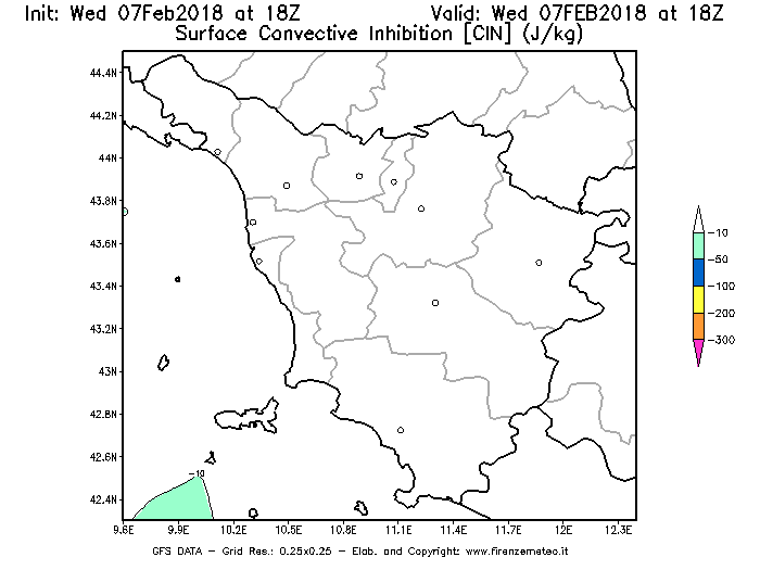Mappa di analisi GFS - CIN [J/kg] in Toscana
							del 07/02/2018 18 <!--googleoff: index-->UTC<!--googleon: index-->