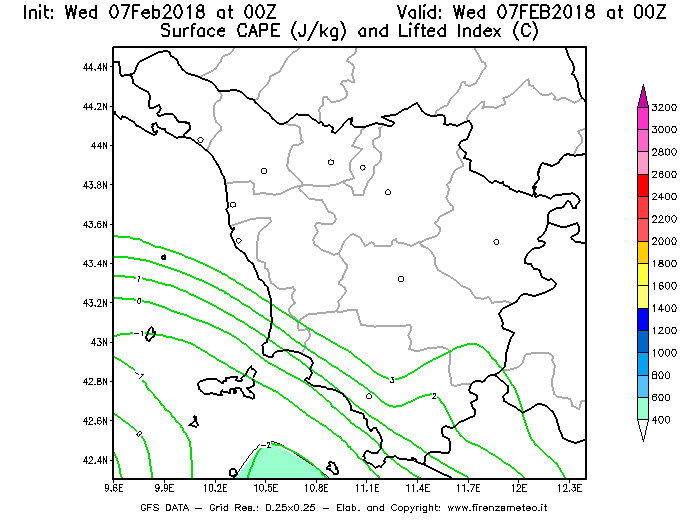 Mappa di analisi GFS - CAPE [J/kg] e Lifted Index [°C] in Toscana
							del 07/02/2018 00 <!--googleoff: index-->UTC<!--googleon: index-->