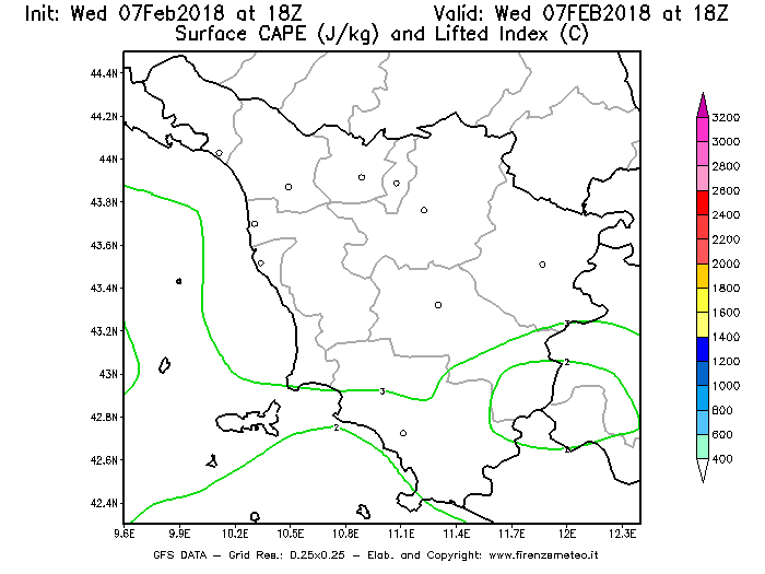 Mappa di analisi GFS - CAPE [J/kg] e Lifted Index [°C] in Toscana
							del 07/02/2018 18 <!--googleoff: index-->UTC<!--googleon: index-->