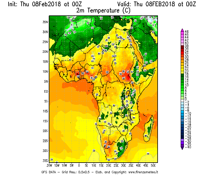 Mappa di analisi GFS - Temperatura a 2 metri dal suolo [°C] in Africa
									del 08/02/2018 00 <!--googleoff: index-->UTC<!--googleon: index-->