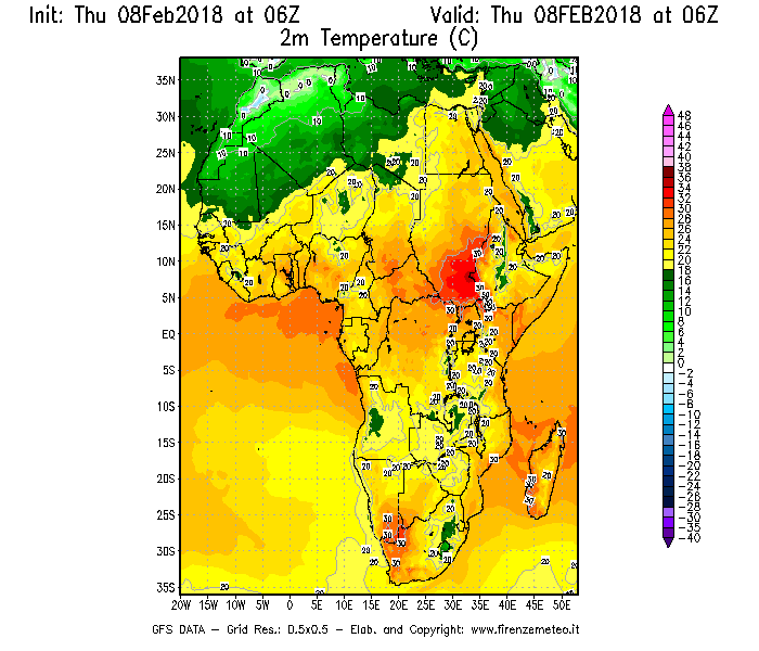 Mappa di analisi GFS - Temperatura a 2 metri dal suolo [°C] in Africa
							del 08/02/2018 06 <!--googleoff: index-->UTC<!--googleon: index-->