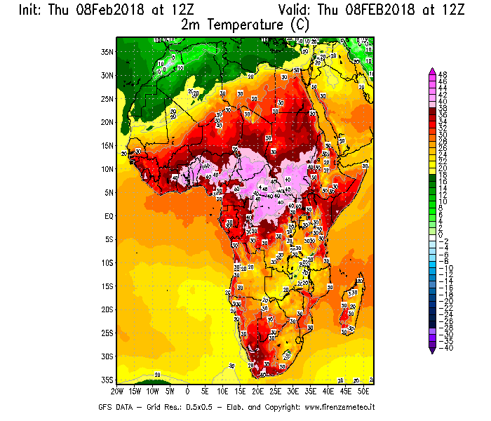 Mappa di analisi GFS - Temperatura a 2 metri dal suolo [°C] in Africa
									del 08/02/2018 12 <!--googleoff: index-->UTC<!--googleon: index-->