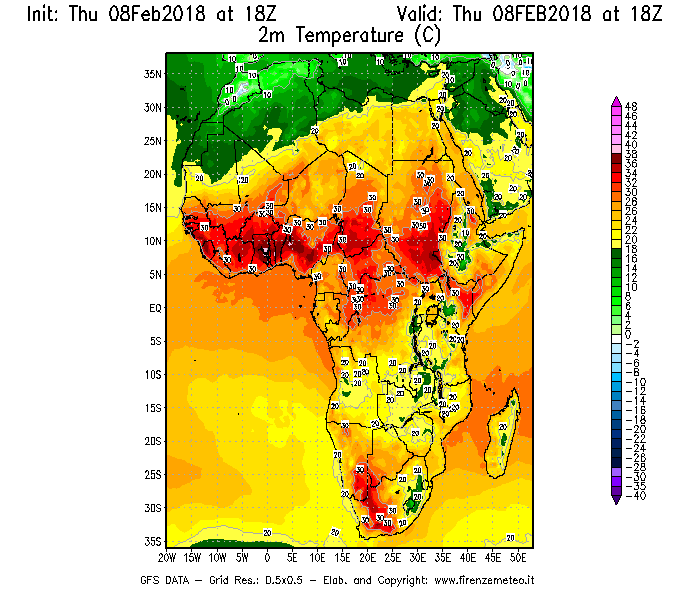Mappa di analisi GFS - Temperatura a 2 metri dal suolo [°C] in Africa
							del 08/02/2018 18 <!--googleoff: index-->UTC<!--googleon: index-->