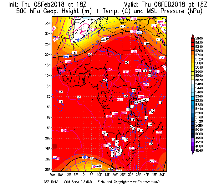 Mappa di analisi GFS - Geopotenziale [m] + Temp. [°C] a 500 hPa + Press. a livello del mare [hPa] in Africa
									del 08/02/2018 18 <!--googleoff: index-->UTC<!--googleon: index-->