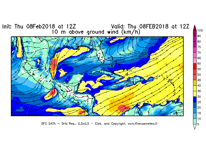 Mappa di analisi GFS - Velocità del vento a 10 metri dal suolo [km/h] in Centro-America
									del 08/02/2018 12 <!--googleoff: index-->UTC<!--googleon: index-->