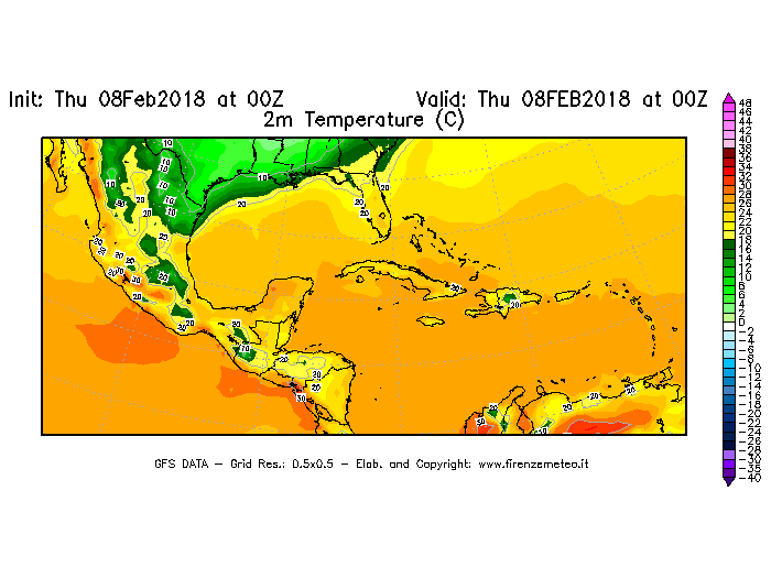Mappa di analisi GFS - Temperatura a 2 metri dal suolo [°C] in Centro-America
							del 08/02/2018 00 <!--googleoff: index-->UTC<!--googleon: index-->