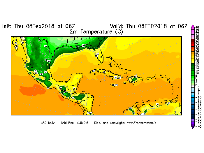 Mappa di analisi GFS - Temperatura a 2 metri dal suolo [°C] in Centro-America
							del 08/02/2018 06 <!--googleoff: index-->UTC<!--googleon: index-->