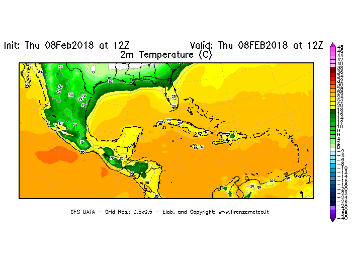 Mappa di analisi GFS - Temperatura a 2 metri dal suolo [°C] in Centro-America
							del 08/02/2018 12 <!--googleoff: index-->UTC<!--googleon: index-->