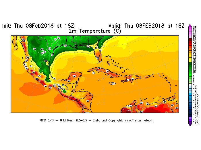 Mappa di analisi GFS - Temperatura a 2 metri dal suolo [°C] in Centro-America
							del 08/02/2018 18 <!--googleoff: index-->UTC<!--googleon: index-->