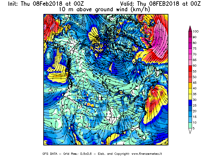 Mappa di analisi GFS - Velocità del vento a 10 metri dal suolo [km/h] in Nord-America
							del 08/02/2018 00 <!--googleoff: index-->UTC<!--googleon: index-->