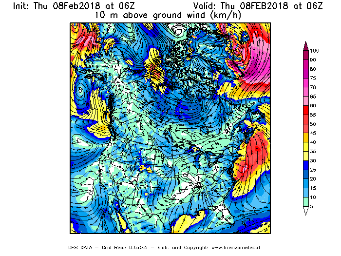 Mappa di analisi GFS - Velocità del vento a 10 metri dal suolo [km/h] in Nord-America
									del 08/02/2018 06 <!--googleoff: index-->UTC<!--googleon: index-->