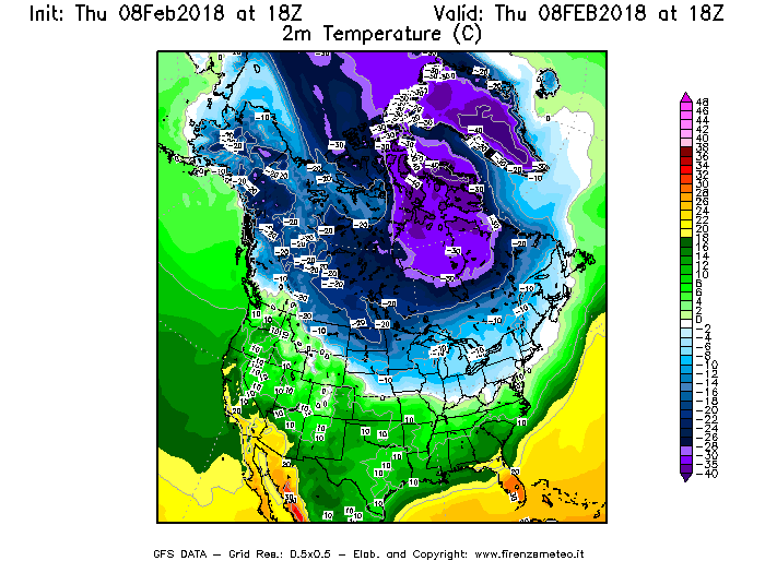Mappa di analisi GFS - Temperatura a 2 metri dal suolo [°C] in Nord-America
									del 08/02/2018 18 <!--googleoff: index-->UTC<!--googleon: index-->