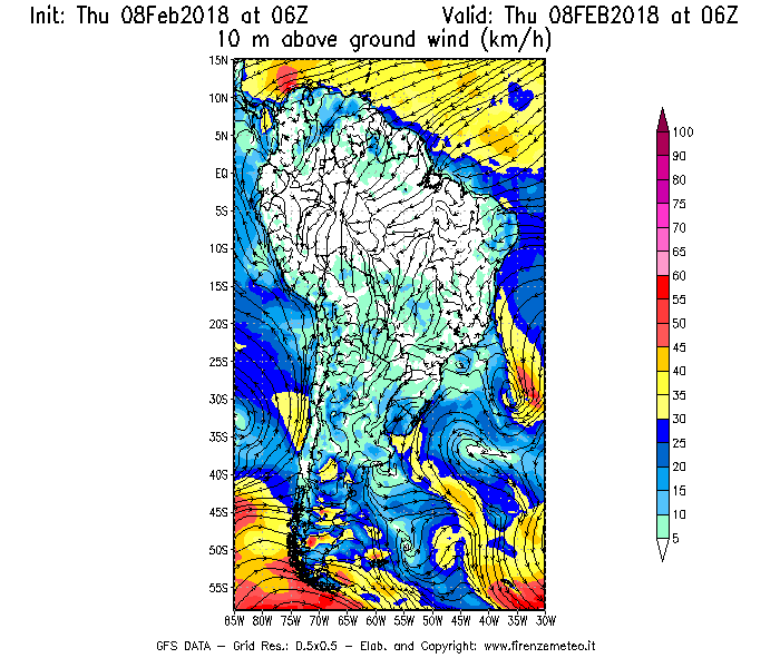 Mappa di analisi GFS - Velocità del vento a 10 metri dal suolo [km/h] in Sud-America
							del 08/02/2018 06 <!--googleoff: index-->UTC<!--googleon: index-->