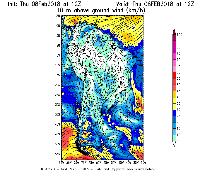 Mappa di analisi GFS - Velocità del vento a 10 metri dal suolo [km/h] in Sud-America
									del 08/02/2018 12 <!--googleoff: index-->UTC<!--googleon: index-->