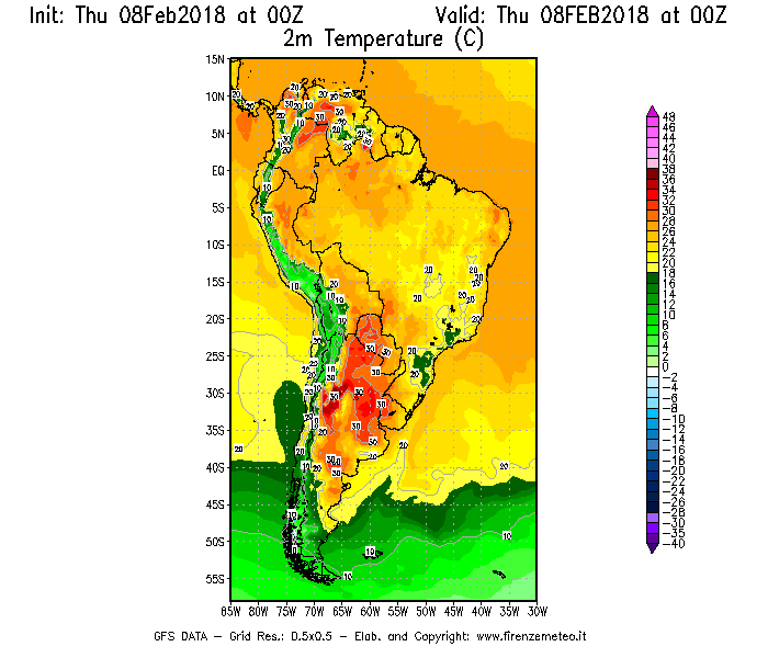 Mappa di analisi GFS - Temperatura a 2 metri dal suolo [°C] in Sud-America
							del 08/02/2018 00 <!--googleoff: index-->UTC<!--googleon: index-->