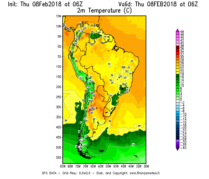 Mappa di analisi GFS - Temperatura a 2 metri dal suolo [°C] in Sud-America
									del 08/02/2018 06 <!--googleoff: index-->UTC<!--googleon: index-->