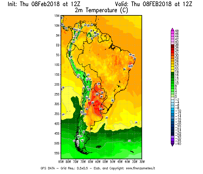 Mappa di analisi GFS - Temperatura a 2 metri dal suolo [°C] in Sud-America
							del 08/02/2018 12 <!--googleoff: index-->UTC<!--googleon: index-->