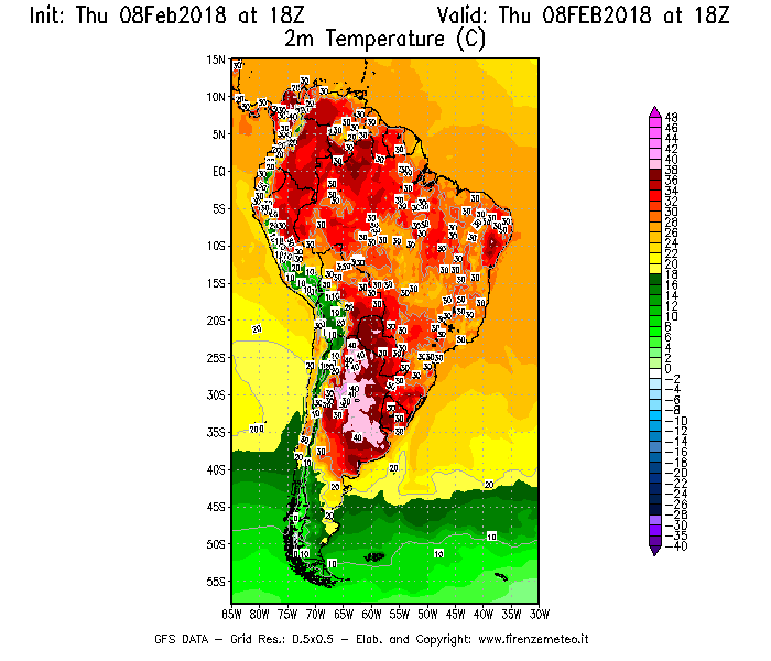 Mappa di analisi GFS - Temperatura a 2 metri dal suolo [°C] in Sud-America
							del 08/02/2018 18 <!--googleoff: index-->UTC<!--googleon: index-->