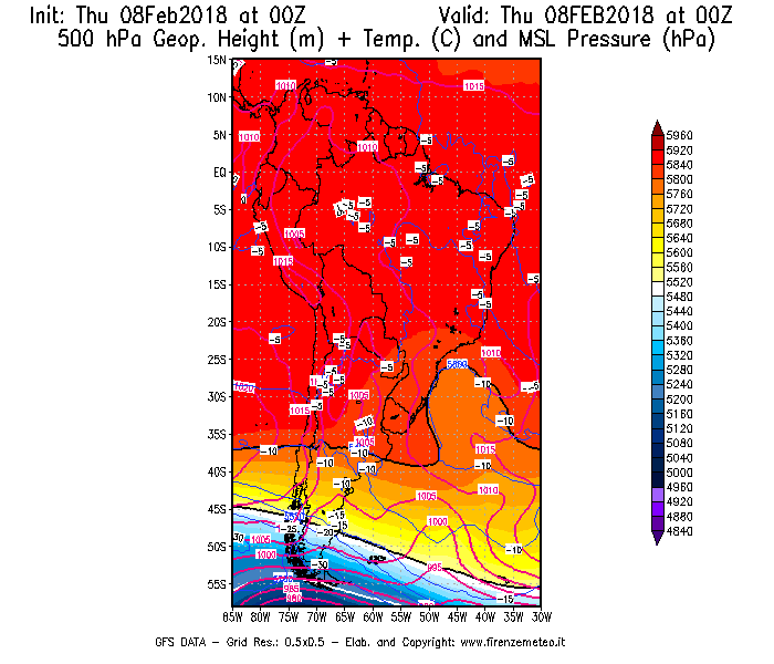 Mappa di analisi GFS - Geopotenziale [m] + Temp. [°C] a 500 hPa + Press. a livello del mare [hPa] in Sud-America
									del 08/02/2018 00 <!--googleoff: index-->UTC<!--googleon: index-->
