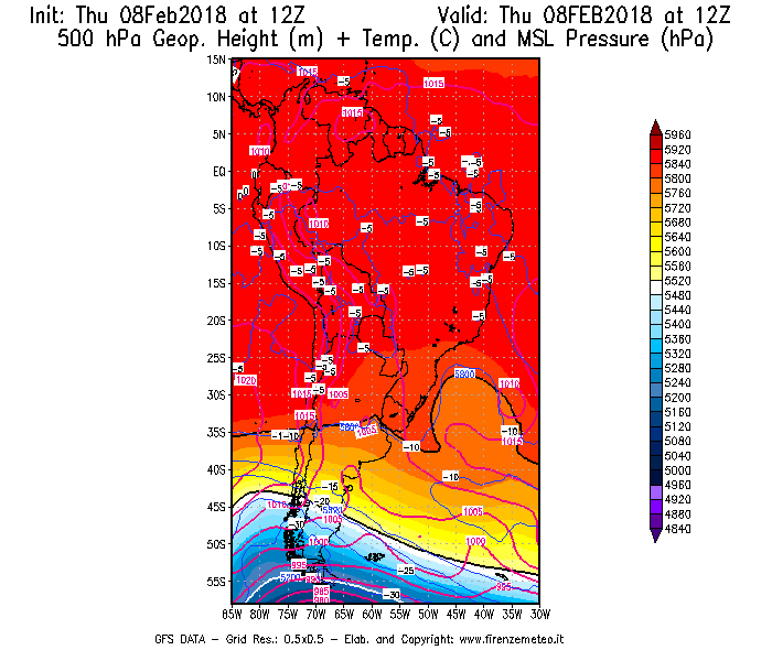Mappa di analisi GFS - Geopotenziale [m] + Temp. [°C] a 500 hPa + Press. a livello del mare [hPa] in Sud-America
							del 08/02/2018 12 <!--googleoff: index-->UTC<!--googleon: index-->