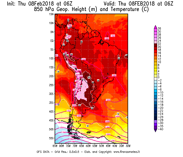 Mappa di analisi GFS - Geopotenziale [m] e Temperatura [°C] a 850 hPa in Sud-America
									del 08/02/2018 06 <!--googleoff: index-->UTC<!--googleon: index-->
