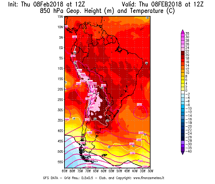 Mappa di analisi GFS - Geopotenziale [m] e Temperatura [°C] a 850 hPa in Sud-America
							del 08/02/2018 12 <!--googleoff: index-->UTC<!--googleon: index-->