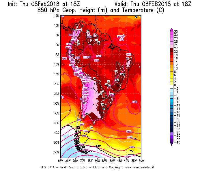 Mappa di analisi GFS - Geopotenziale [m] e Temperatura [°C] a 850 hPa in Sud-America
									del 08/02/2018 18 <!--googleoff: index-->UTC<!--googleon: index-->