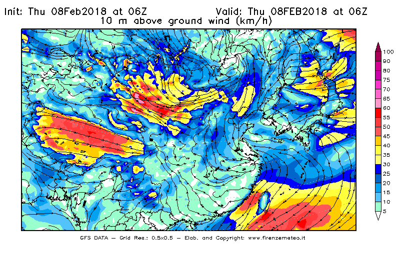Mappa di analisi GFS - Velocità del vento a 10 metri dal suolo [km/h] in Asia Orientale
									del 08/02/2018 06 <!--googleoff: index-->UTC<!--googleon: index-->