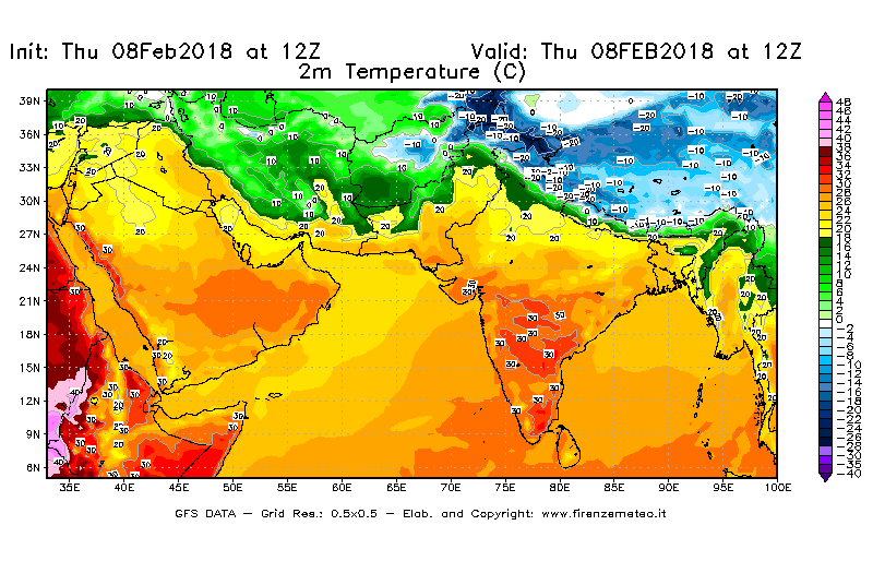 Mappa di analisi GFS - Temperatura a 2 metri dal suolo [°C] in Asia Sud-Occidentale
							del 08/02/2018 12 <!--googleoff: index-->UTC<!--googleon: index-->