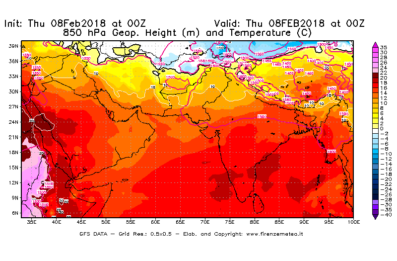 Mappa di analisi GFS - Geopotenziale [m] e Temperatura [°C] a 850 hPa in Asia Sud-Occidentale
							del 08/02/2018 00 <!--googleoff: index-->UTC<!--googleon: index-->