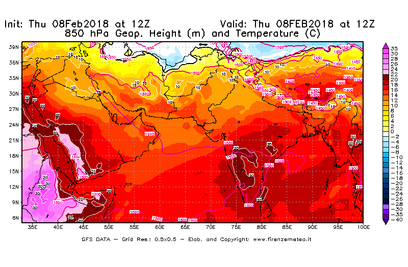 Mappa di analisi GFS - Geopotenziale [m] e Temperatura [°C] a 850 hPa in Asia Sud-Occidentale
									del 08/02/2018 12 <!--googleoff: index-->UTC<!--googleon: index-->