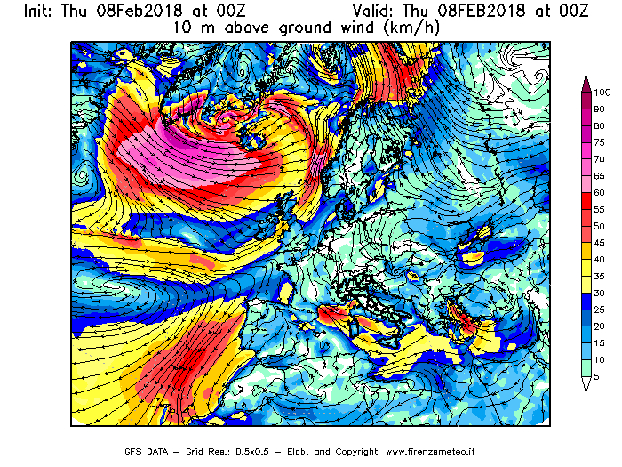 Mappa di analisi GFS - Velocità del vento a 10 metri dal suolo [km/h] in Europa
									del 08/02/2018 00 <!--googleoff: index-->UTC<!--googleon: index-->