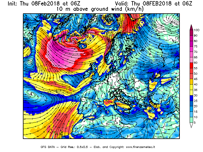 Mappa di analisi GFS - Velocità del vento a 10 metri dal suolo [km/h] in Europa
									del 08/02/2018 06 <!--googleoff: index-->UTC<!--googleon: index-->